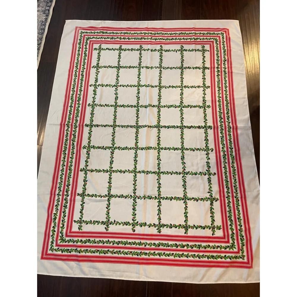 Vintage Christmas Tablecloth 66x50 Holly Berry Red Stripe Border Cotton Blend